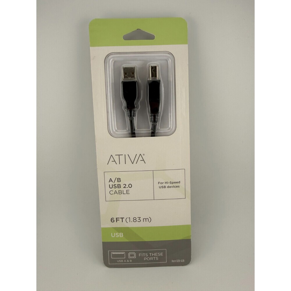 NEW Ativa 828-620 Black 1.83m High-Speed Cord 6ft USB 2.0 A to B Printer Cable